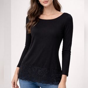 White House Black Market Black Lace Hem Long Sleeve Top M